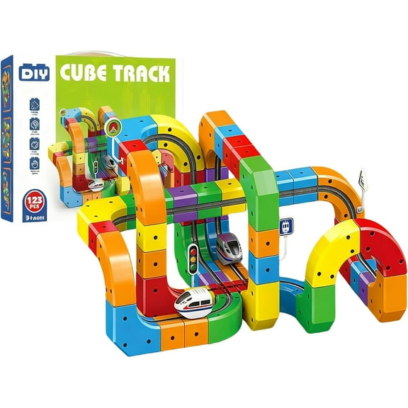 Fun & Magical Track Train Kits, 3D Building Blocks Track with Cube Track & Signs, STEM Educational Building Toys for Fans ALL Ages (123pcs)
