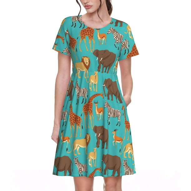 Easygdp Cute Animals para Vestido Transpirable de Mujer, Vestido Suelto de Manga Corta con Pliegues y Bolsillos para el Verano