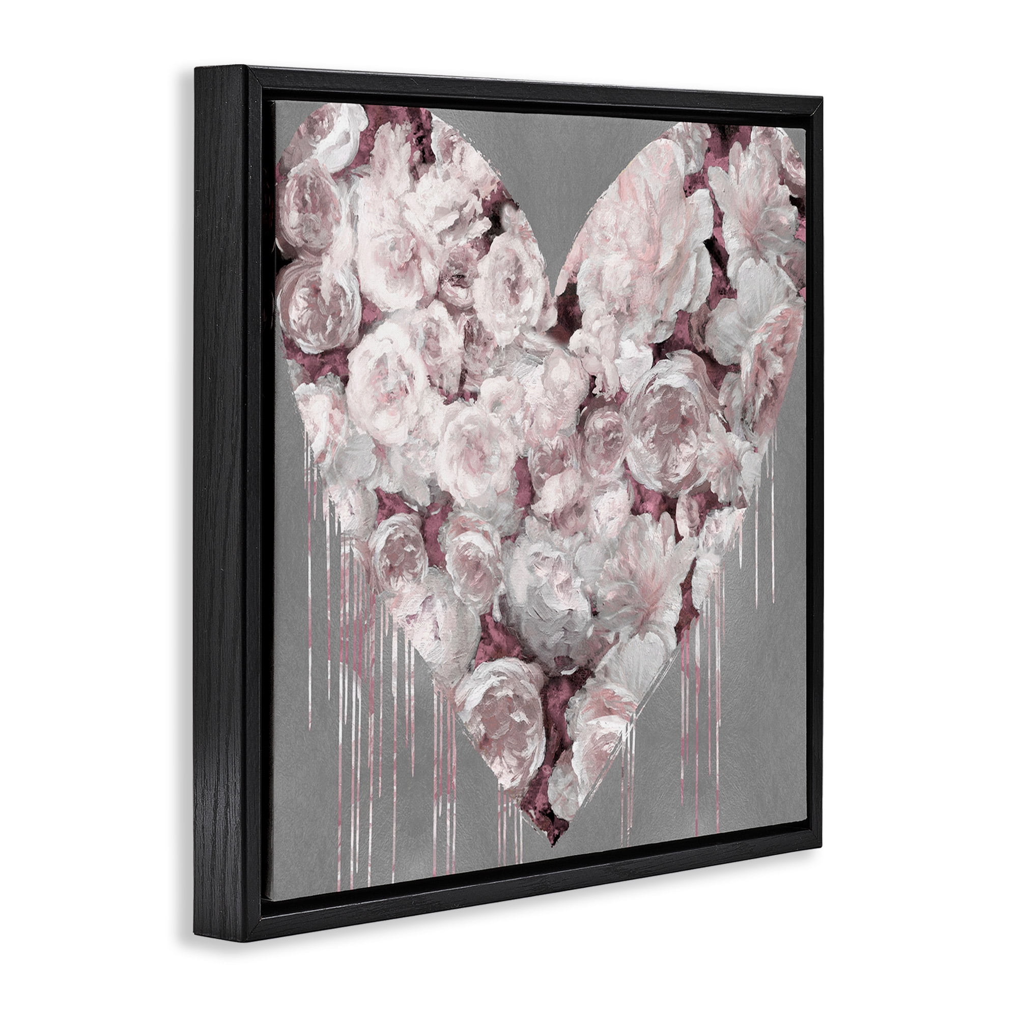 Stupell Industries Pink Rose Heart over Grey Botanical & Floral Painting Black Floater Framed Canvas Art Print Wall Art, 25 x 25