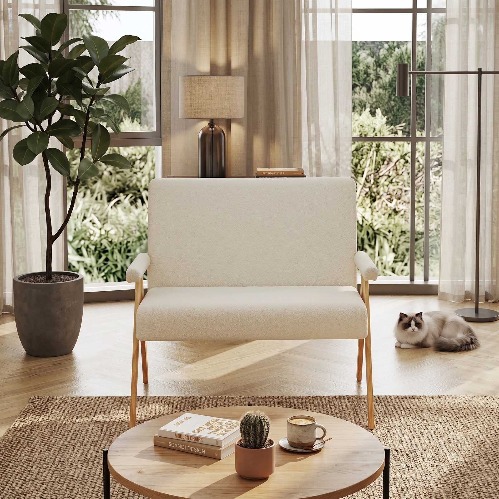 Furnibear Modern Loveseat Sofa, Small Space Upholstered 2-Seat Couch with Padded Armrests, Sherpa Fabric Loveseat with Solid Rubber Wood Legs for Living Room, Beige