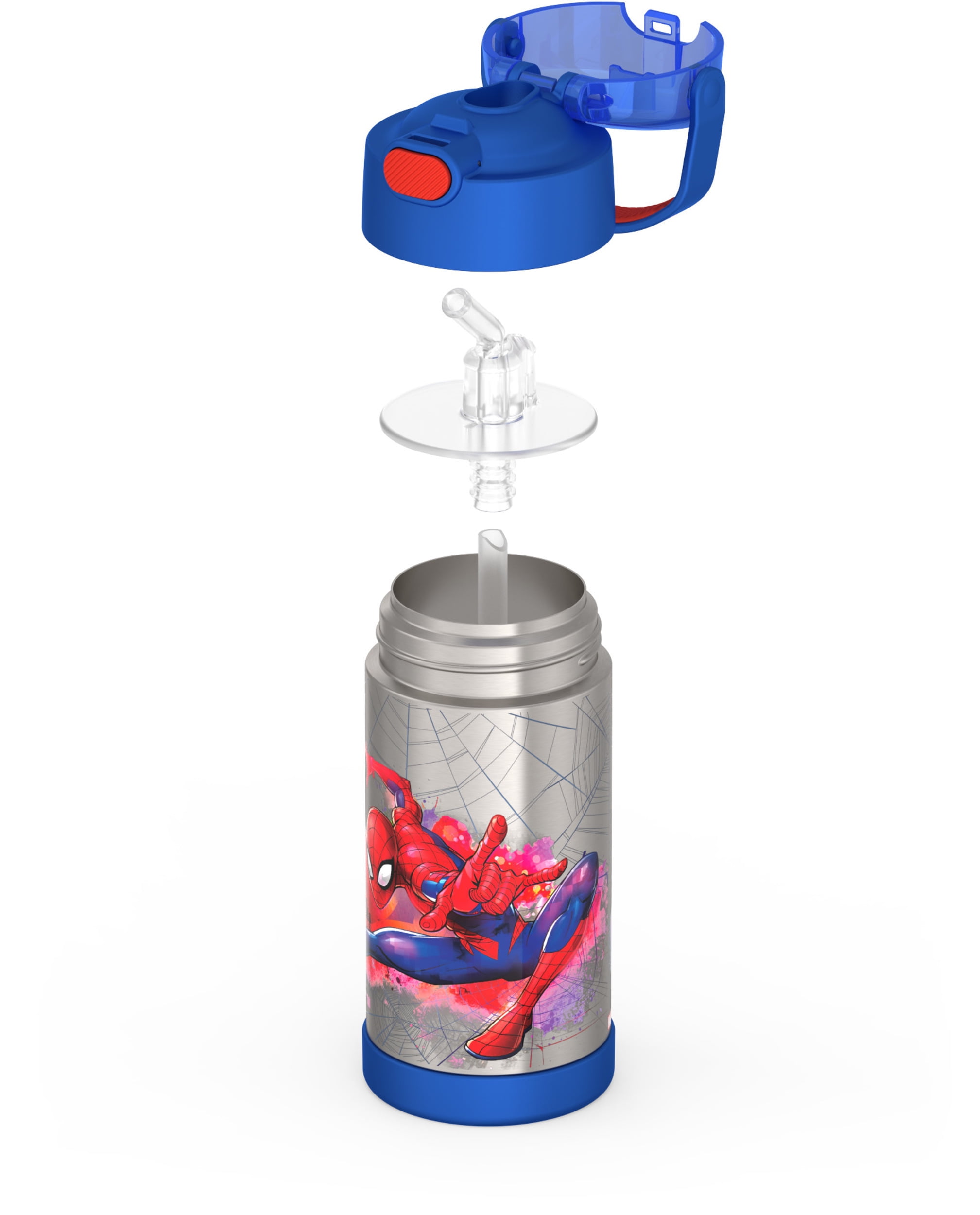 Thermos Kids Bouteille d'eau isolée sous vide avec paille rabattable, 355 ml, Spiderman