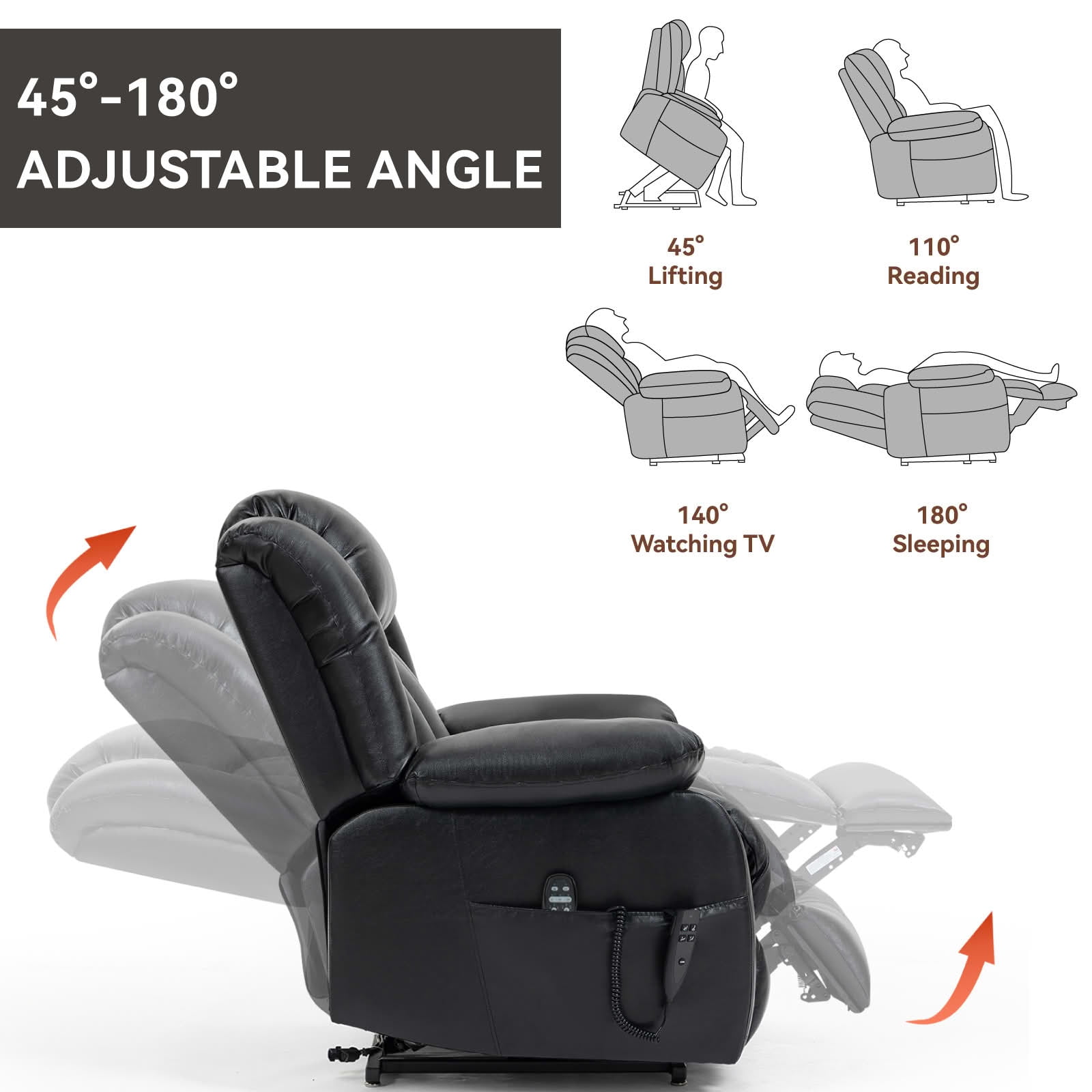 MAYEERTY Black Genuine Leather Dual Motor Power Lift Recliner, 350lbs 8-Point Massage Heat 180° 36"x40"x43" for Elderly