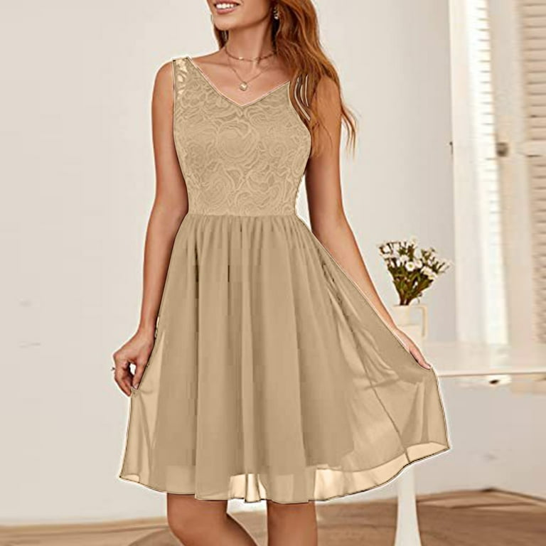 Fsqjgq Summer Dresses 2024 Lace Chiffon Mini Dress for Women Formal  Occasion Dresses Wedding Guest Bridesmaid V Neck Sleeveless Prom Dresses  Beige S - Walmart.com