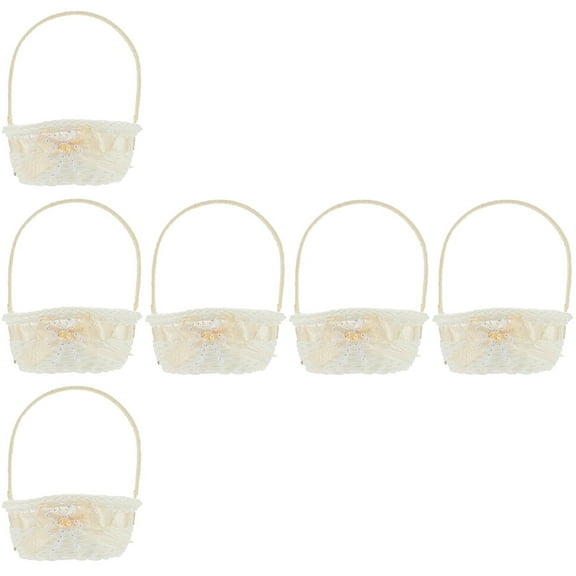 unbranded 6pcs White Wedding Flower Girl Basket Wicker Flower Basket with Bow and Handle Wedding Ceremony Decor Supplies