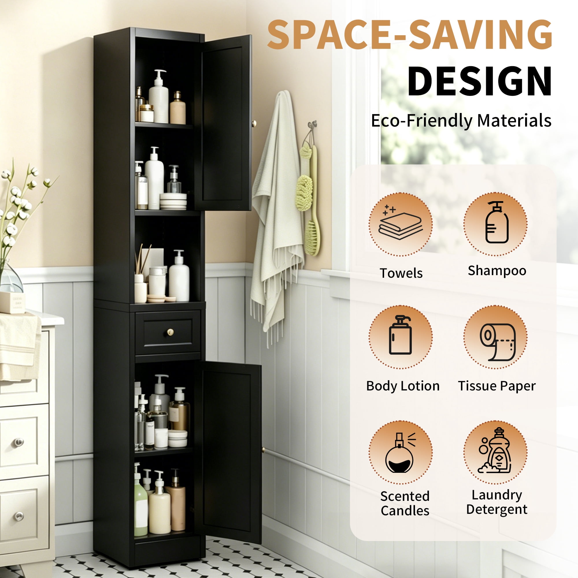 Leumius 71 Inch Tall Bathroom Storage Cabinet,Freestanding 5-Tier Narrow Metal Cabinet with 2 Doors & Adjustable Shelves for Kitchen Living Room Bathroom,Black