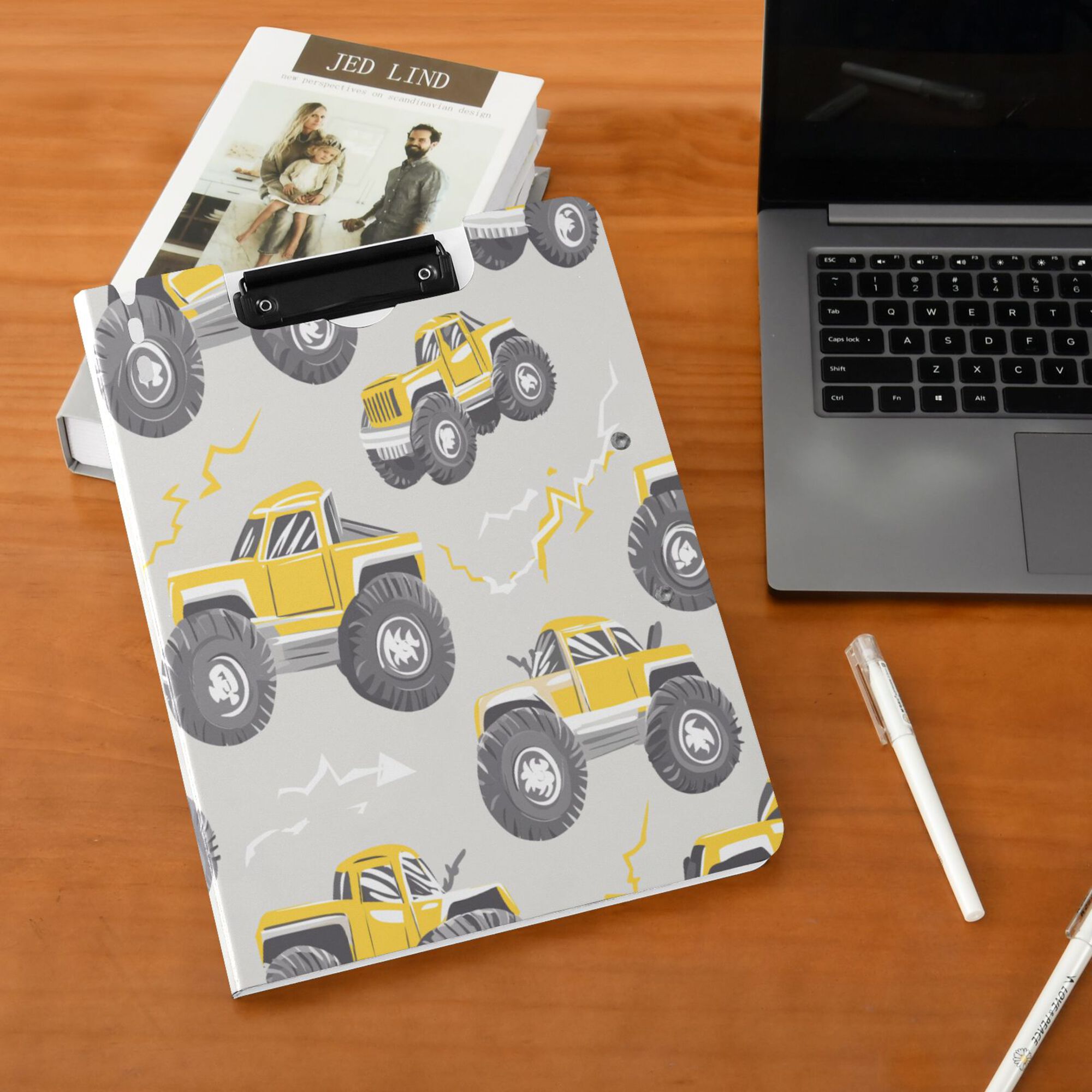 FORMRS A4 Clipboard Folder with Pen Holder Horizontal Foldable School Office Binder, Trucks Pattern