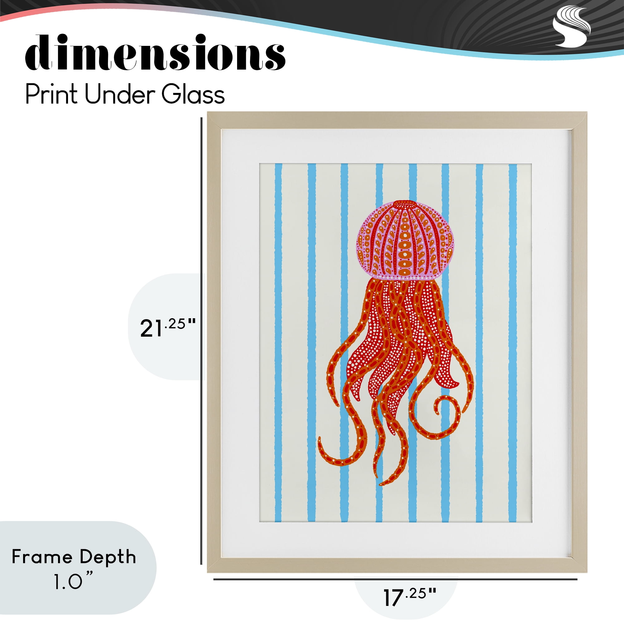 Stupell Industries Bright Aquatic Jellyfish on Stripes Birch Framed Print Under Glass, design by Indira Prieto | IndySign