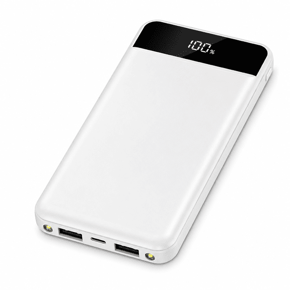 10,000mAh Portable Power Bank with Digital Display, Dual USB Ports, and LED Flashlights - White Slim Charger