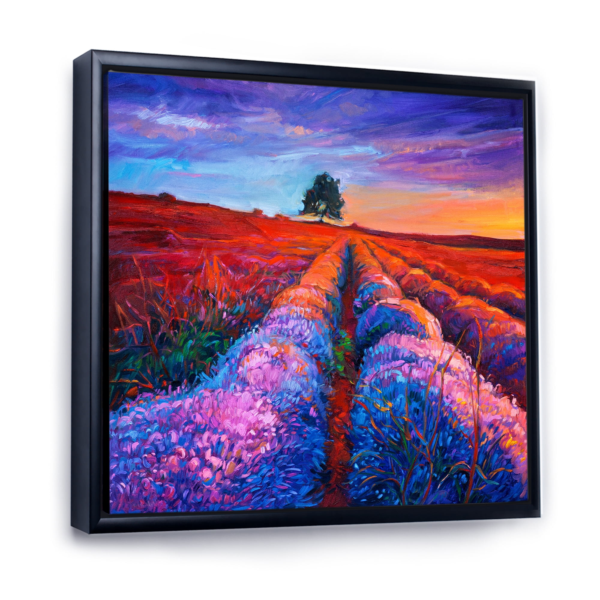 Lavender Fields With Distant Tree & Sunset Glow 16 in x 16 in Framed Painting Canvas Art Print, by Designart