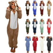 QATAINLAV Sherpa Fleece Jumpsuit for Women Winter Warm Fuzzy Onesie Pajamas Cute Cat Hooded Romper Casual Zip Up Overalls Sleepwear Ropa de Verano Para Mujer Khaki 5XL