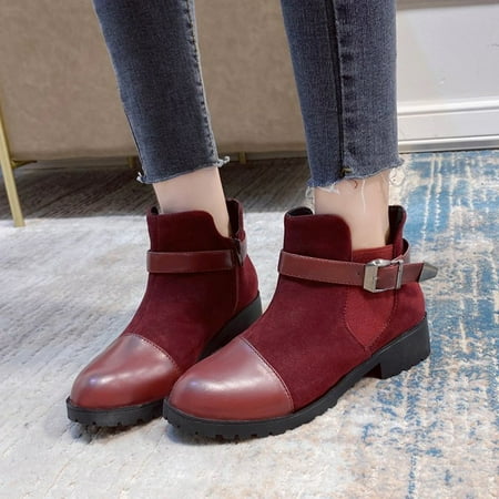 

Juebong Boots Deals Dressy Western Booties Women Square Heel Buckle Strap Lightweight Short Booties Retro Round Toe Chunky Square Heel Booties