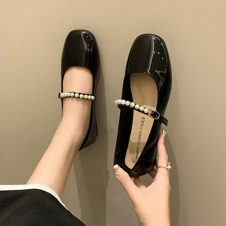 

ERTUTUYI Women Casual Shoes Autumn And Winter Comfortable Fashion Square Heel Shallow Mouth Beaded Decorative Leather Shoes Black 38