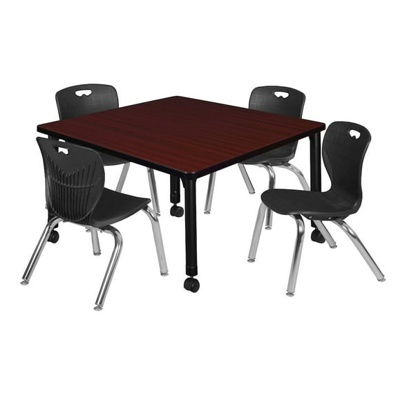Regency 36 Square Mobile Classroom Table- Mahogany & 4 Andy 12 Stack Chairs- Black