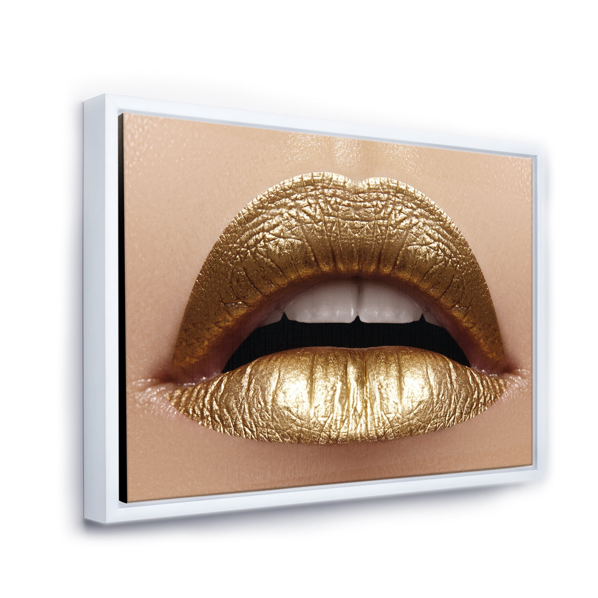 Designart 'Close Up of Woman Plump Lips With Golden Lipstick' Modern Framed Canvas Wall Art Print