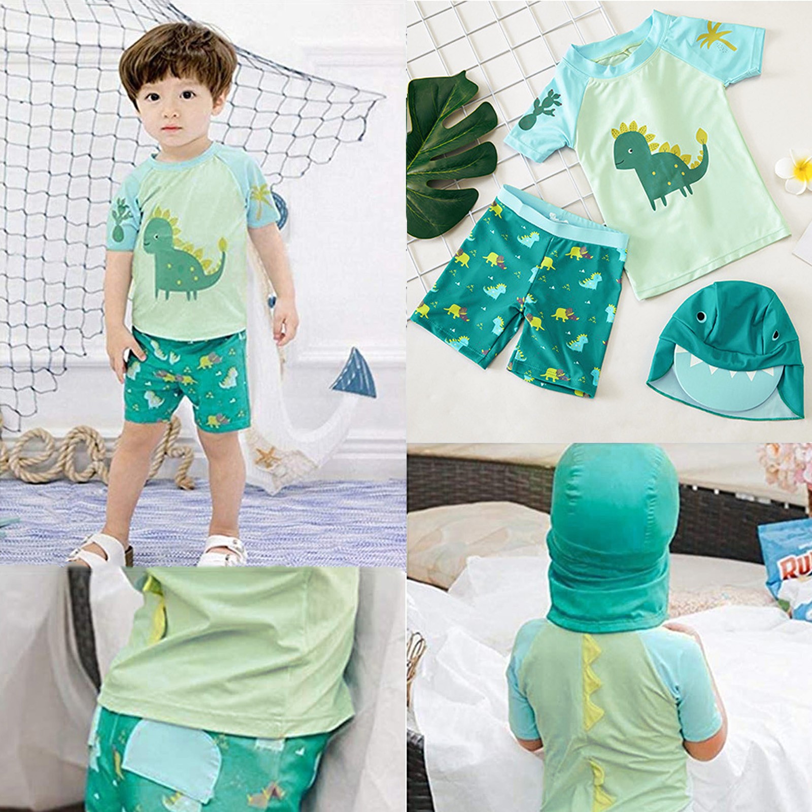 Maillot De Bain 3 Pièces Garçon Avec Bonnet – UPF 50+, Manches Courtes, Protection Soleil, Taille 98
