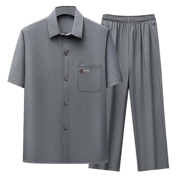 Mrmaere Men's Collared Button Down Shirt and Pants Set Short Sleeve 2 Piece Wrinkle Resistant for Office Business Dark Gray L
