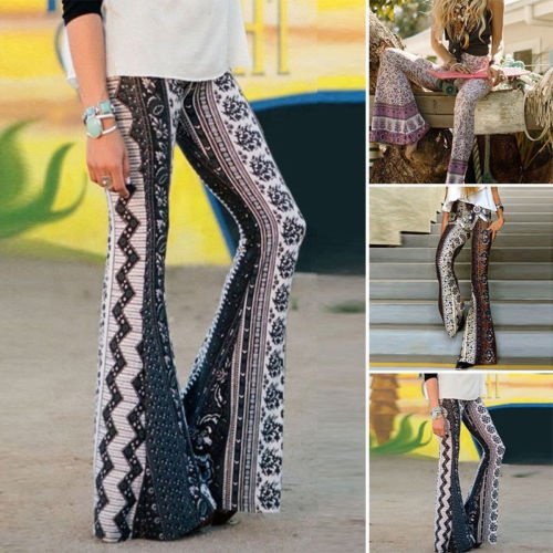 Femmes Boho Hippie Taille Haute Large Jambe Large Évasée Cloche Bas Flroal Pantalon Long