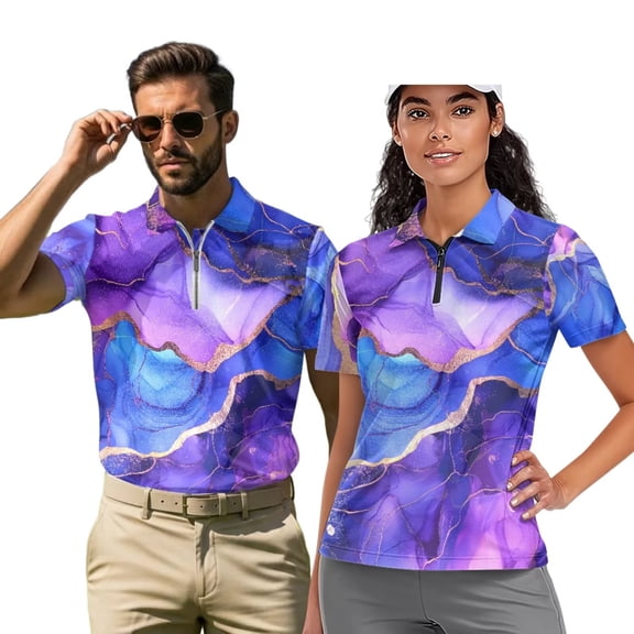 Binienty Purple Marble Pattern Matching Golf Shirts for Couples Comfortable Lightweight His and Hers Golf Shirts with Zipper for Tennis Hiking & Outdoor Sports ,Daily Wear for Couples