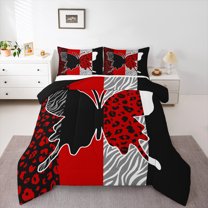Homewish Cheetah Leopard Print Bedding Comforter Set for Girl, Black Red Butterfly Animal Twin Comforter Sets, Stripes Abstract Reversible Bedding Set, Super Cozy Room Decor, 2-Piece