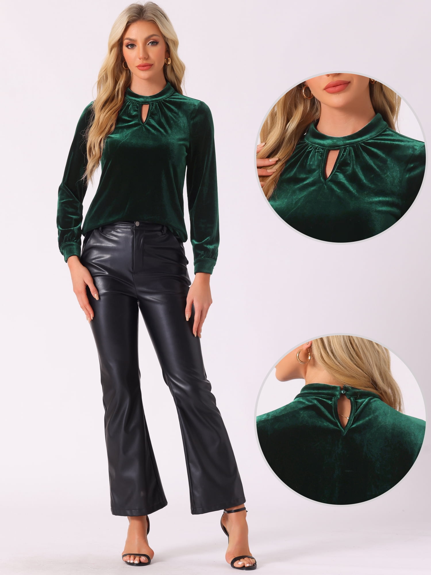 DARING DIVA Women's Velvet Long Sleeve Stand Collar Elegant Blouses M Dark Green