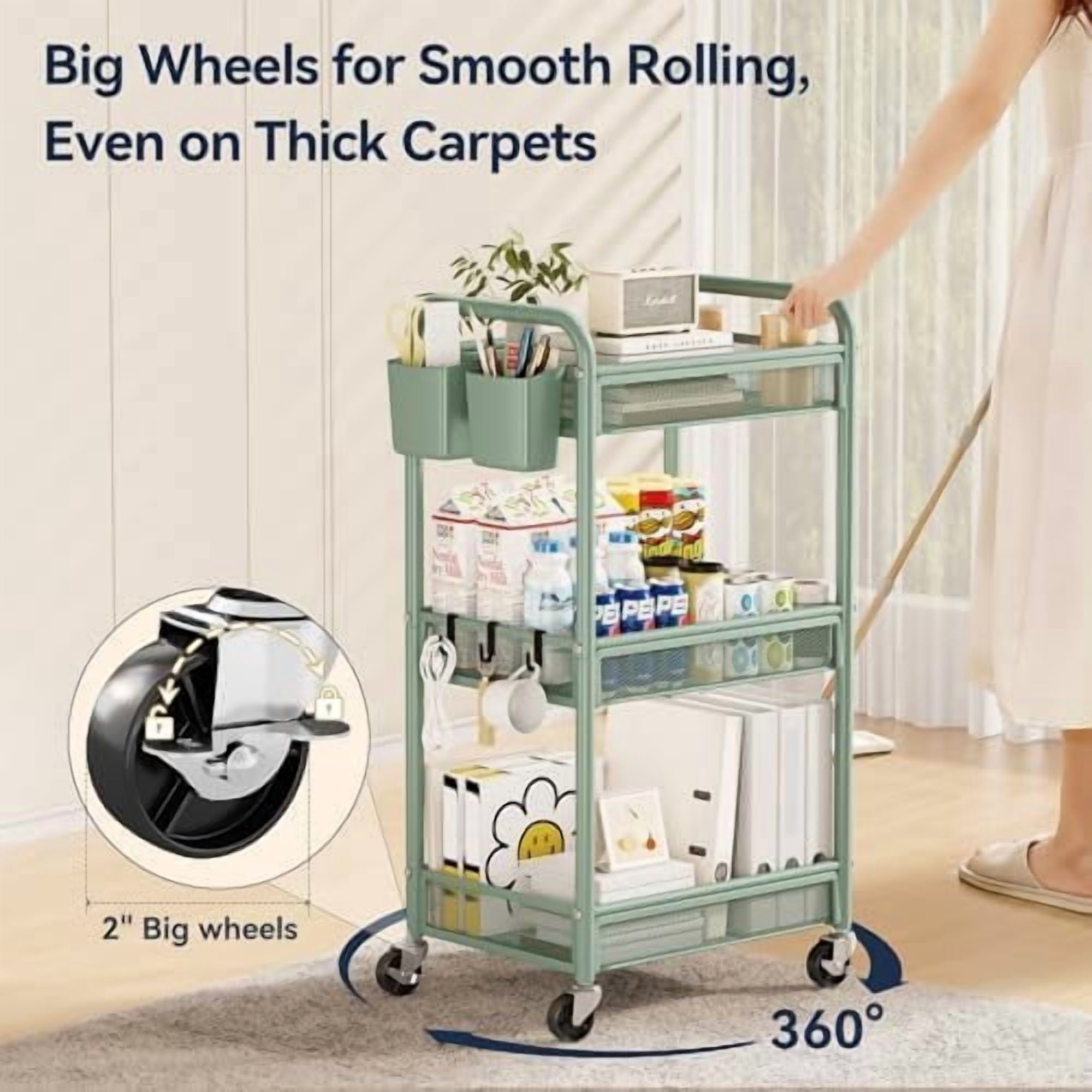 3 Tier Rolling Cart – Metal Utility Storage Carts with Wheels, Craft Carts Organizer with Hanging Cups, Hooks, Mesh Basket for Bedside Kitchen Office Art, Green