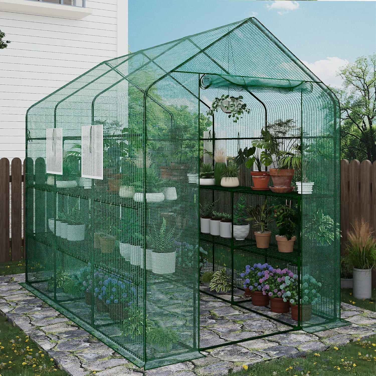 Lumiparty Large Outdoor Walk-In Greenhouse with 6-Tier Shelves, 85"x56"x77", Weatherproof, UV Protected, for Backyard & Patio, Green