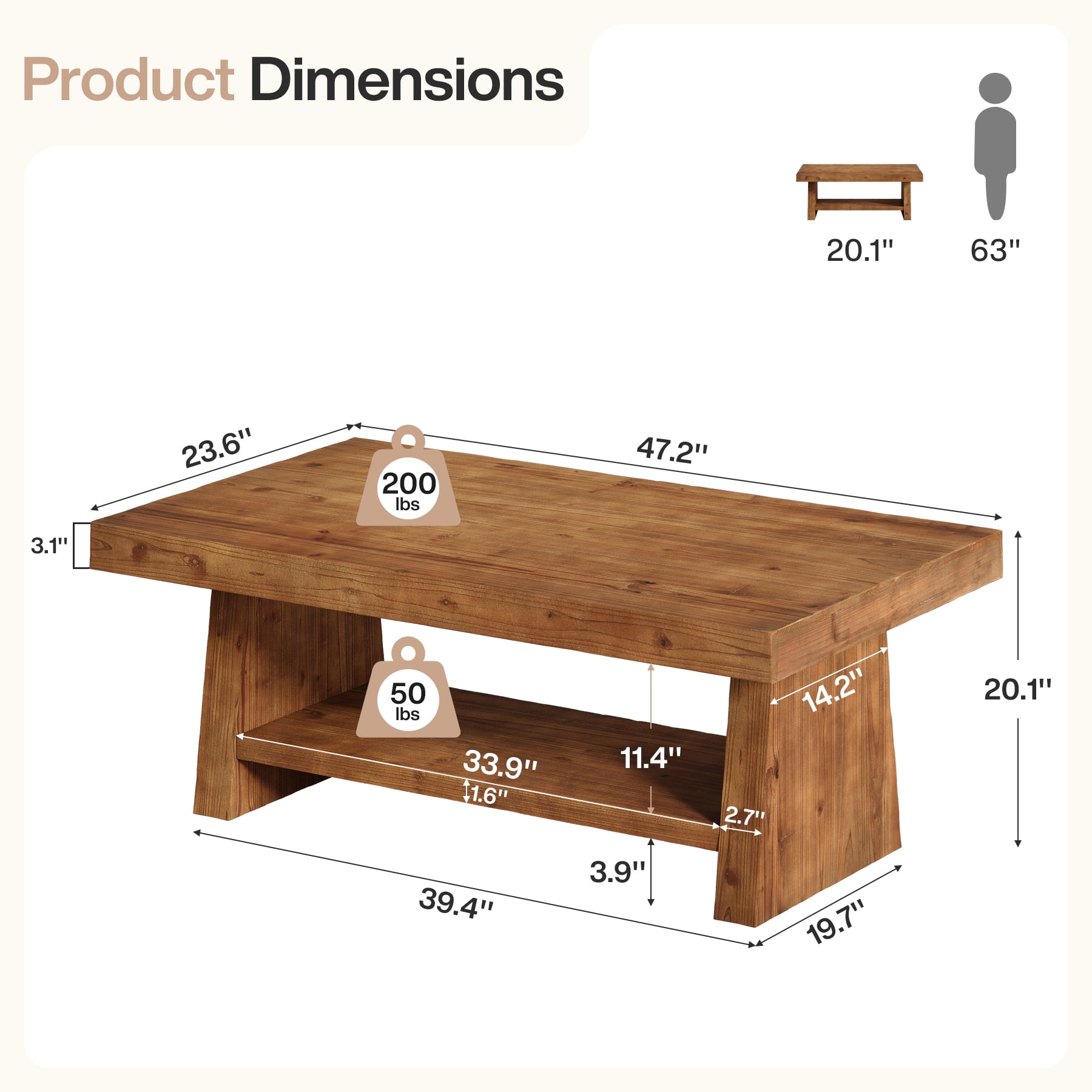 Finmind 2-Tier Solid Wood Coffee Table, 47-Inch Farmhouse Center Table with Storage,Rectangular Tea Table for Living Room, Natural Brown