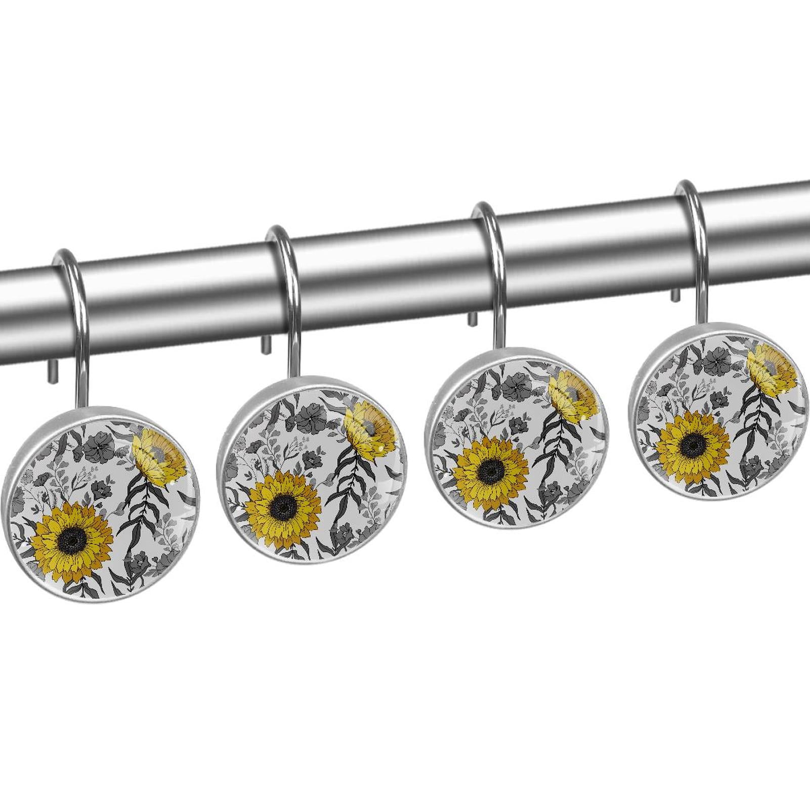 Sunflower Shower Curtain Hooks（Set of 12）for Home Hotel Shower Rods Bathroom Crystal Glass Print Stainless Steel Round Curtain Hooks