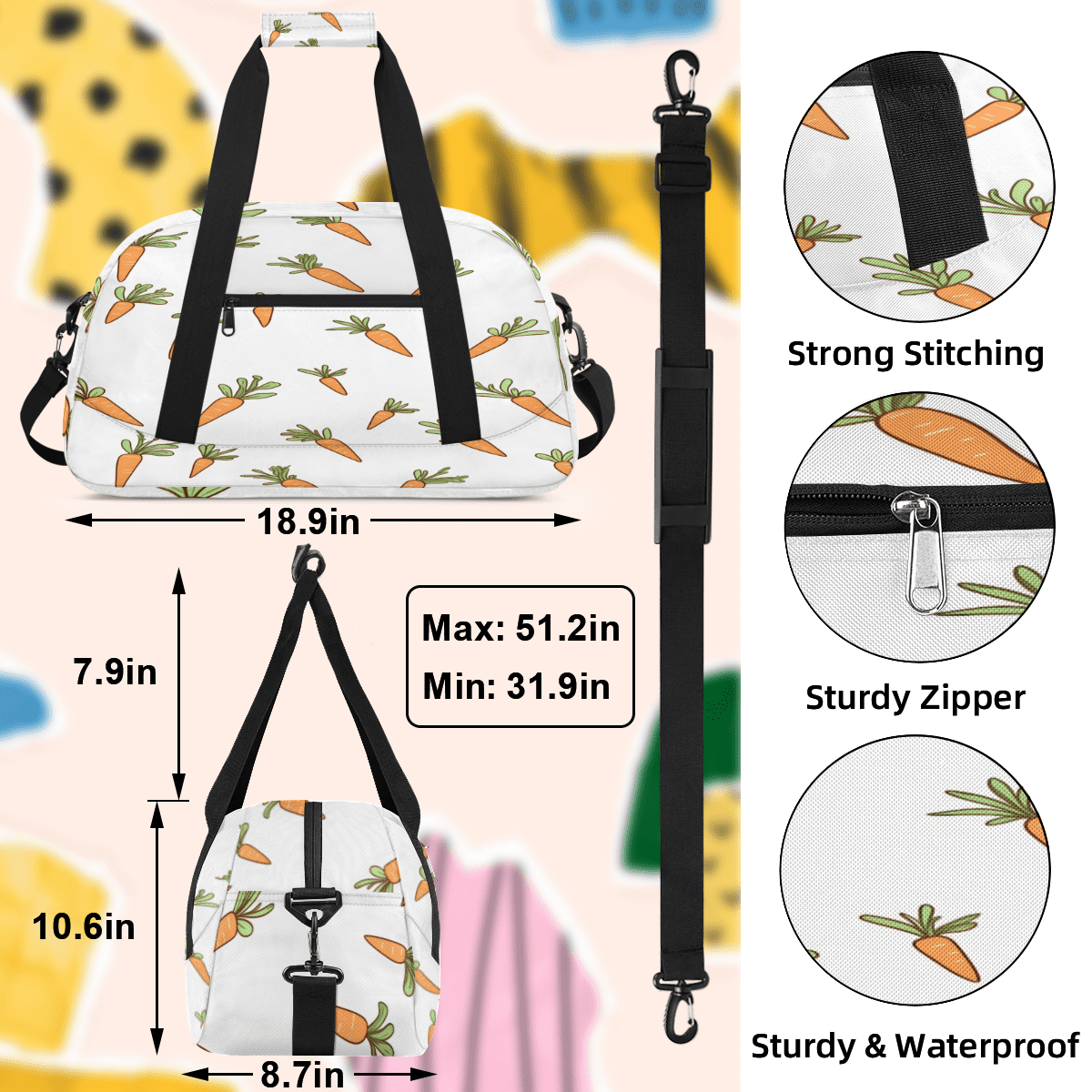 Herdesigns Carrots Sports Duffle Bag for Women & Men, Carrot Easter Gym Bag Dance Bag Overnight Bag Carry On Weekender Travel Bag