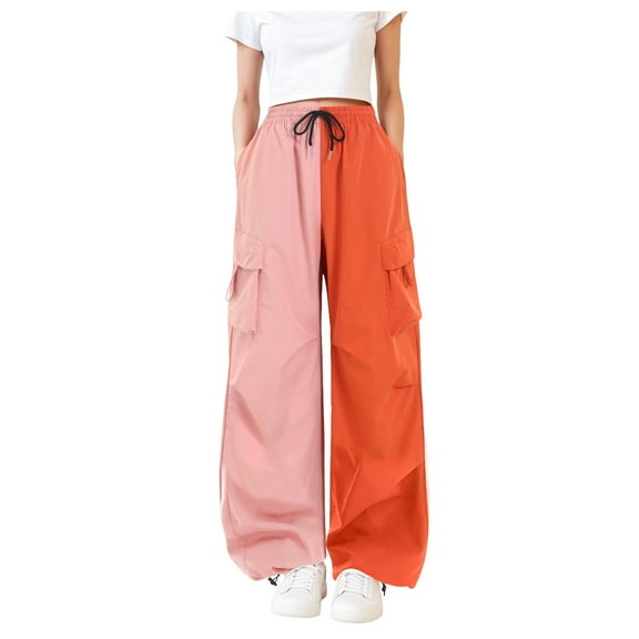 felwors Women's Color Block Cargo Pants - High Waisted Wide Leg Casual Trousers with Pockets Pink, XL