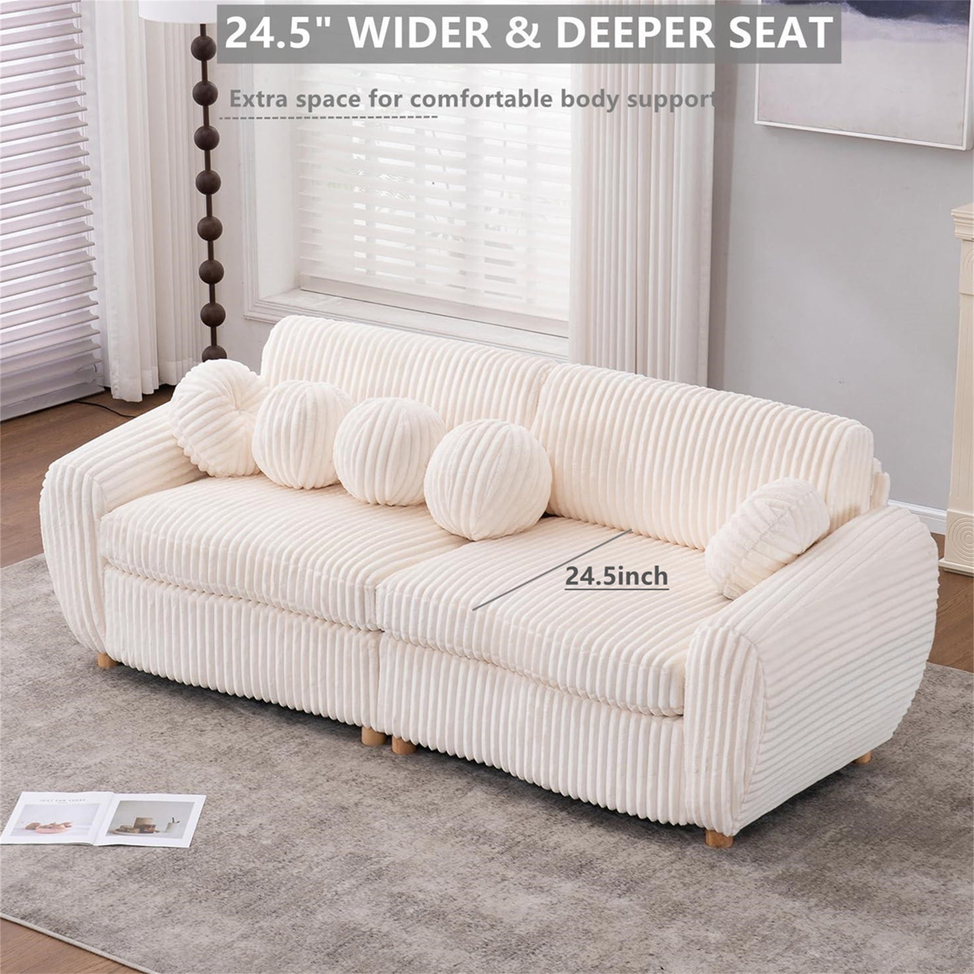 Aukfa 85" Modern Comfy Sofa, Upholstered Deep Seat Couch for Living Room, 5 Pillows, Corduroy, Beige