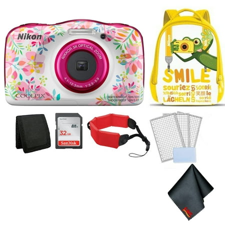 Nikon Coolpix W150 Kid-Friendly Rugged Waterproof Digital Camera (Flower) Bundle with Yellow Backpack + 32GB SanDisk Memory Card + More (Intl