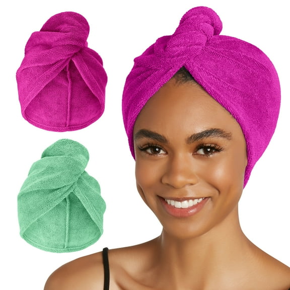 Turbie Twist Microfiber Hair Towel Wrap for Women and Men | 2 Pack | Bathroom Essential Accessories | Quick Dry Hair Turban for Drying Curly, Long & Thick Hair - Kelly Green & Wild Aster