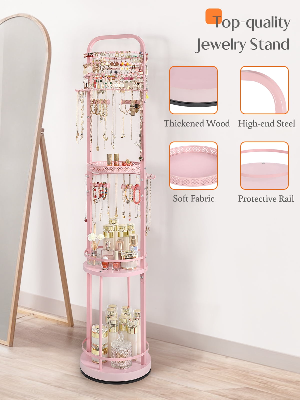 Olakee Rotating Large-Capacity Jewelry Organizer Stand for Earring, Necklace, Bracelet, Ring, Durable Metal & Wood, Girls & Women, Modern, Pink
