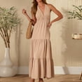 thumbnail image 4 of RYDCOT Women's Summer V Neck Long Dress Casual Halter Wedding Guest Dresses Boho Flowy Smocked Sundress Khaki, 4 of 6