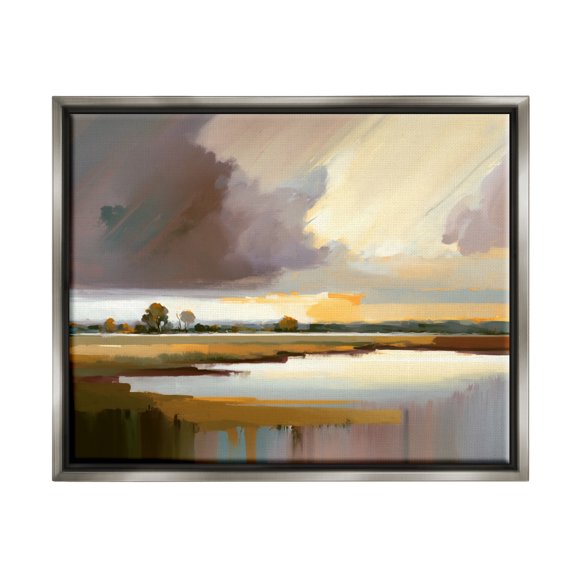 Stupell Industries Abstract Lake Painting Nature Painting Gray Floater Framed Art Print Wall Art, 21 x 17