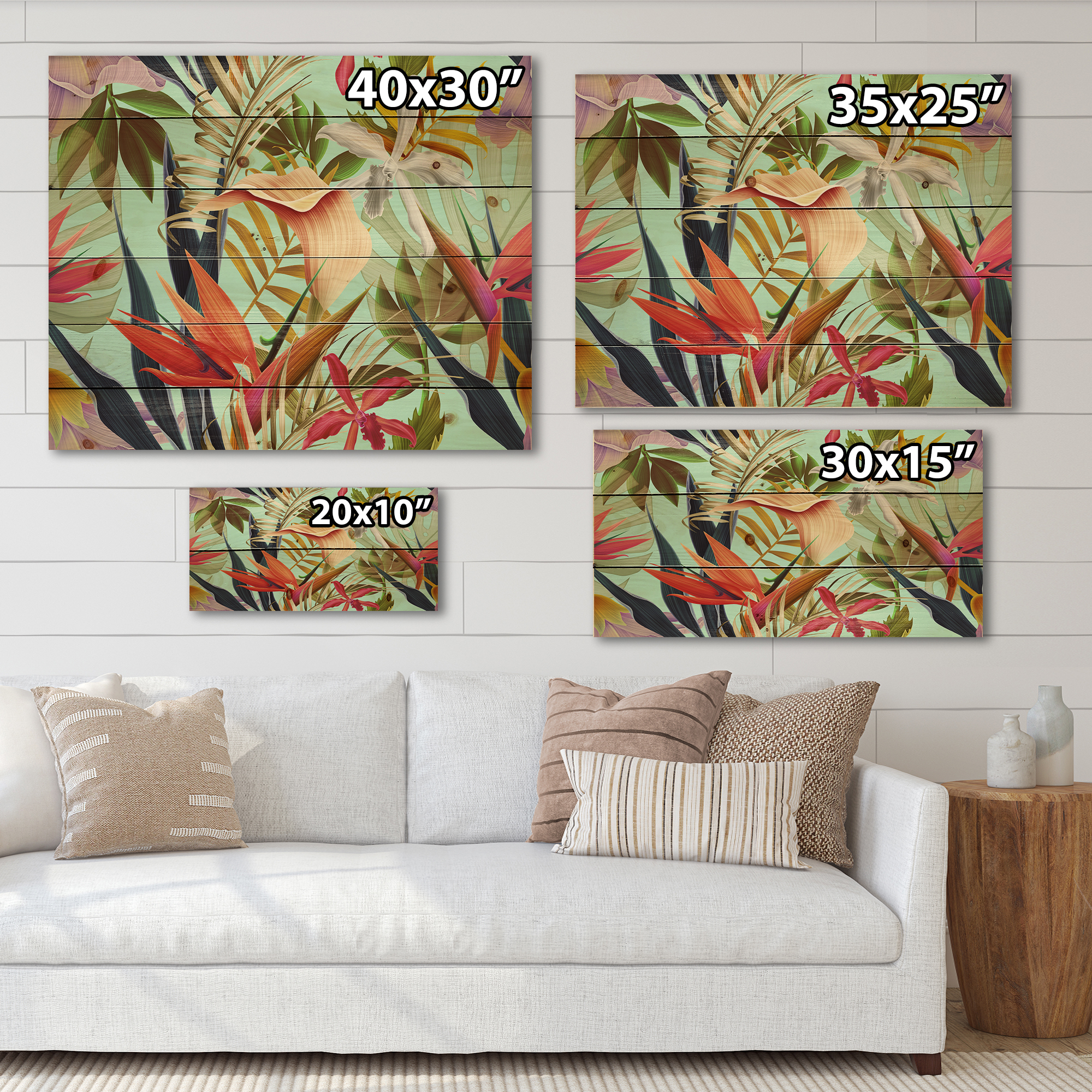 Designart 'VIntage Tropical Flowers II' Tropical Print on Natural Pine Wood