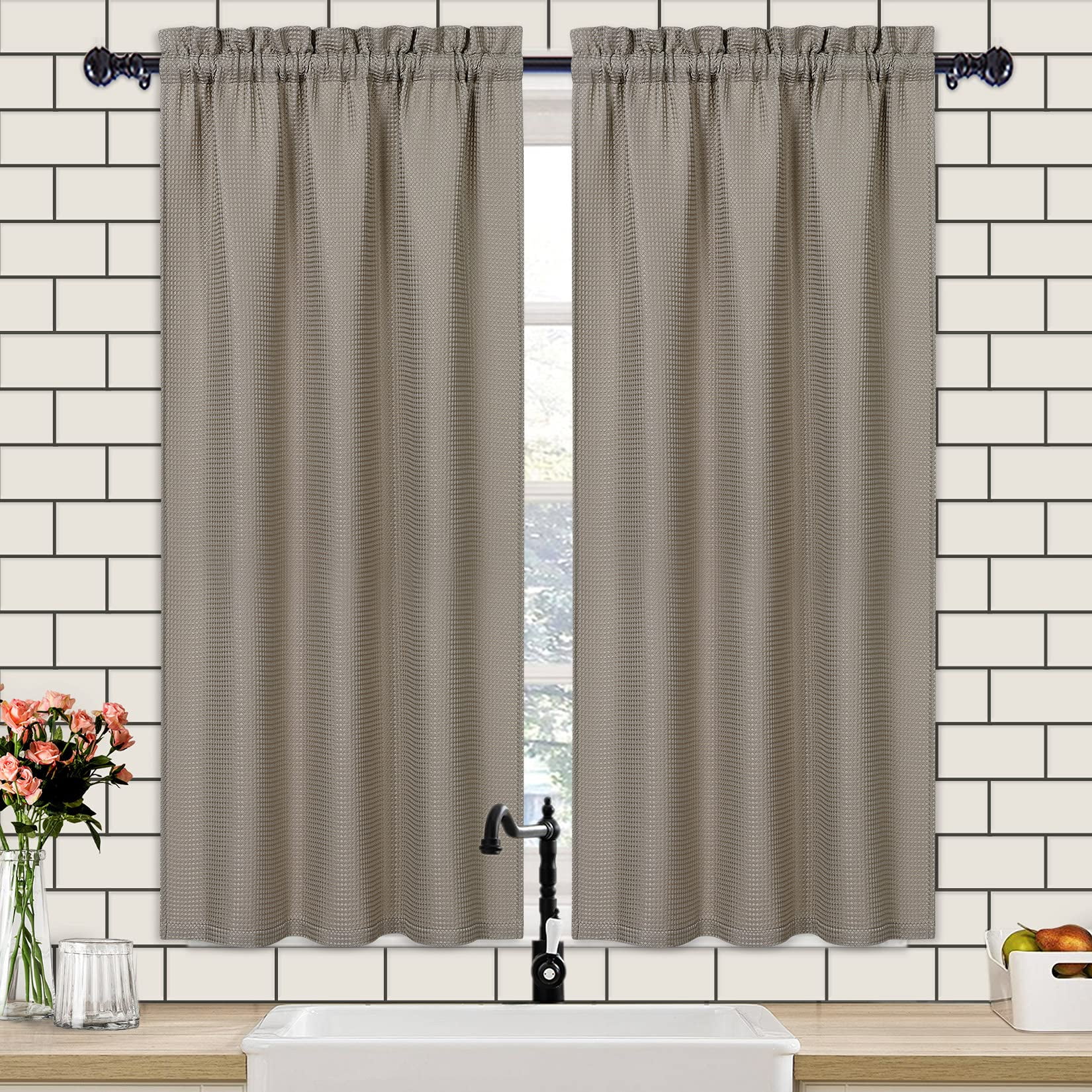 Waterproof Curtains for Bathroom, Waffle Weave Rod Pocket Kitchen Short ...