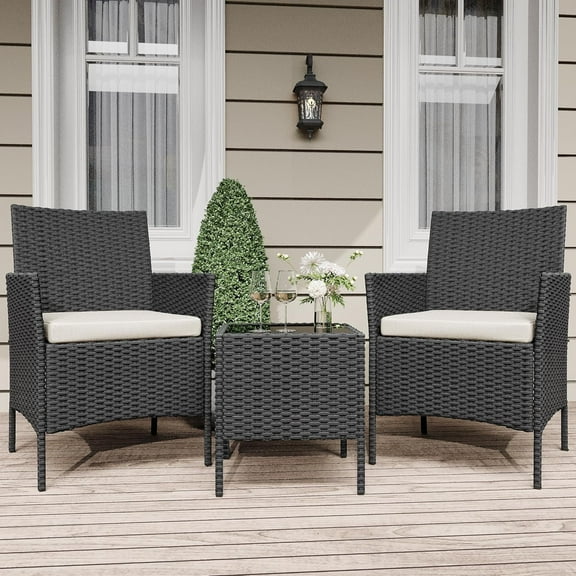 3-Piece Outdoor Patio Bistro Set, Rattan Conversation Set with 2 Upholstered Chairs & Coffee Table, Weather-Resistant Wicker Furniture for Garden, Porch, Backyard & Balcony Black/Beige