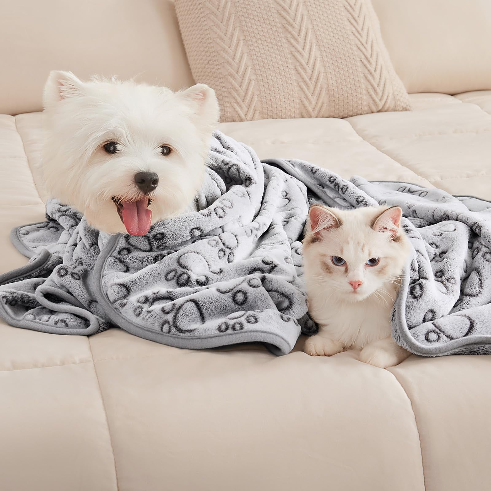 BLRTUN 3 Pack Blankets Fluffy Premium Fleece Pet Blanket Flannel Paw Printed Throw for Dog Cat Grey Paw