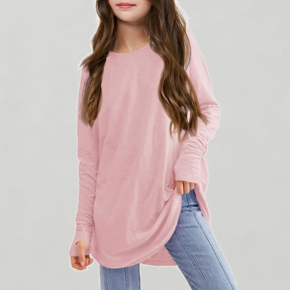 Xijirk Girls' Long Sleeve Crew Neck Tunic Loose Fit with Thumbhole Casual Extended Length Top for Kids,11-12 Years