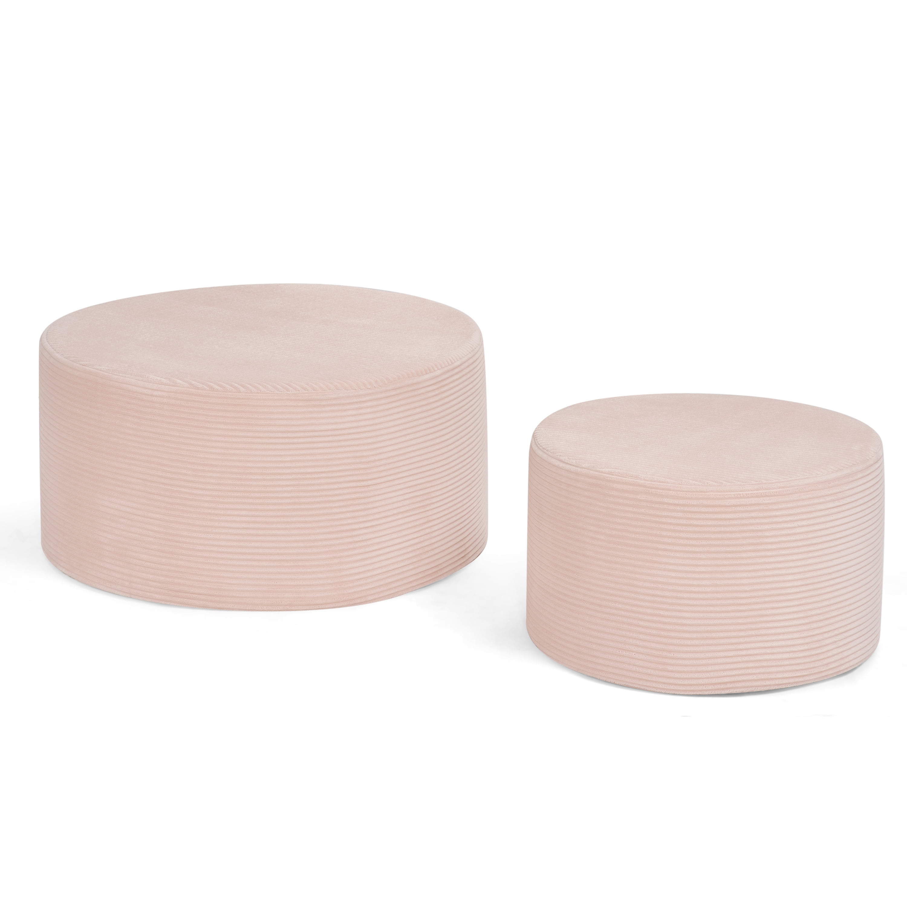 Aukfa 2-Piece Round Ottoman Set, Upholstered Coffee Table & Nesting Footrest Stools for Living Room, Bedroom, Pink