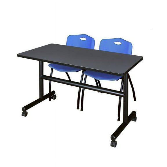 48" x 30" Flip Top Mobile Training Table- Grey and 2 "M" Stack Chairs- Blue