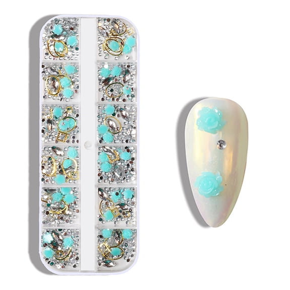YLOHUIL Nail Charms Set, 12 Grid Nail Art Gems and Rhinestones Kit for DIY Manicure, Shiny Nail Accessories for Craft and Beauty Projects