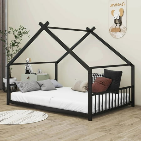 Aukfa Full Size Metal House Bed, Montessori Floor Bed for Kids Toddler, Black