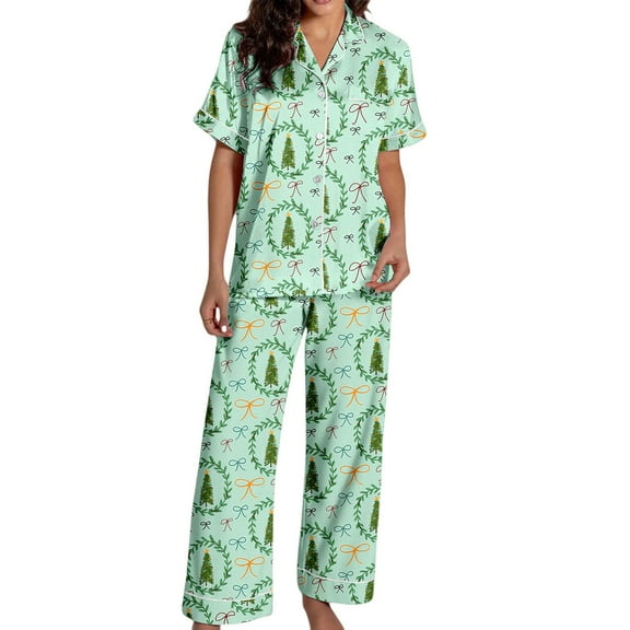 CONZONE Christmas Womens Pajamas Sets 2 Peice Pjs Set Short Sleeve Buttons Sleepwear Tops Long Pants Xmas Tree Graphic Soft Fall Winter Nightwear Loungewear for Lady