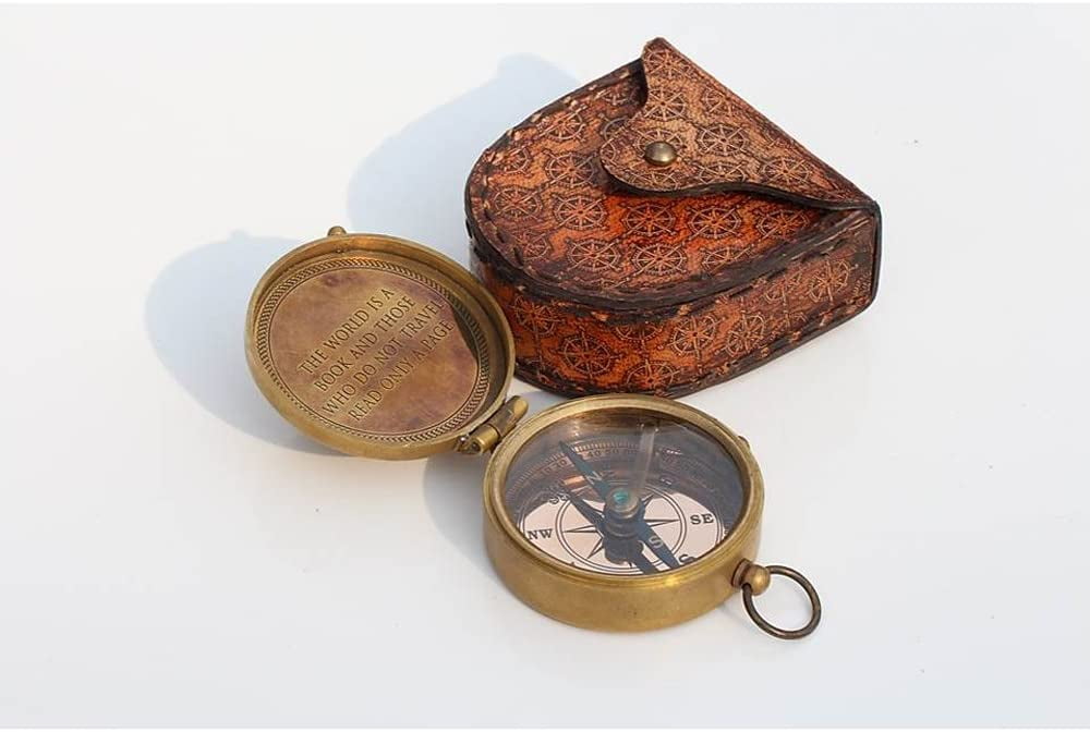Roorkee Instruments (India)Brand Brass Metal Engraved Magnetic Compass with Leather Case