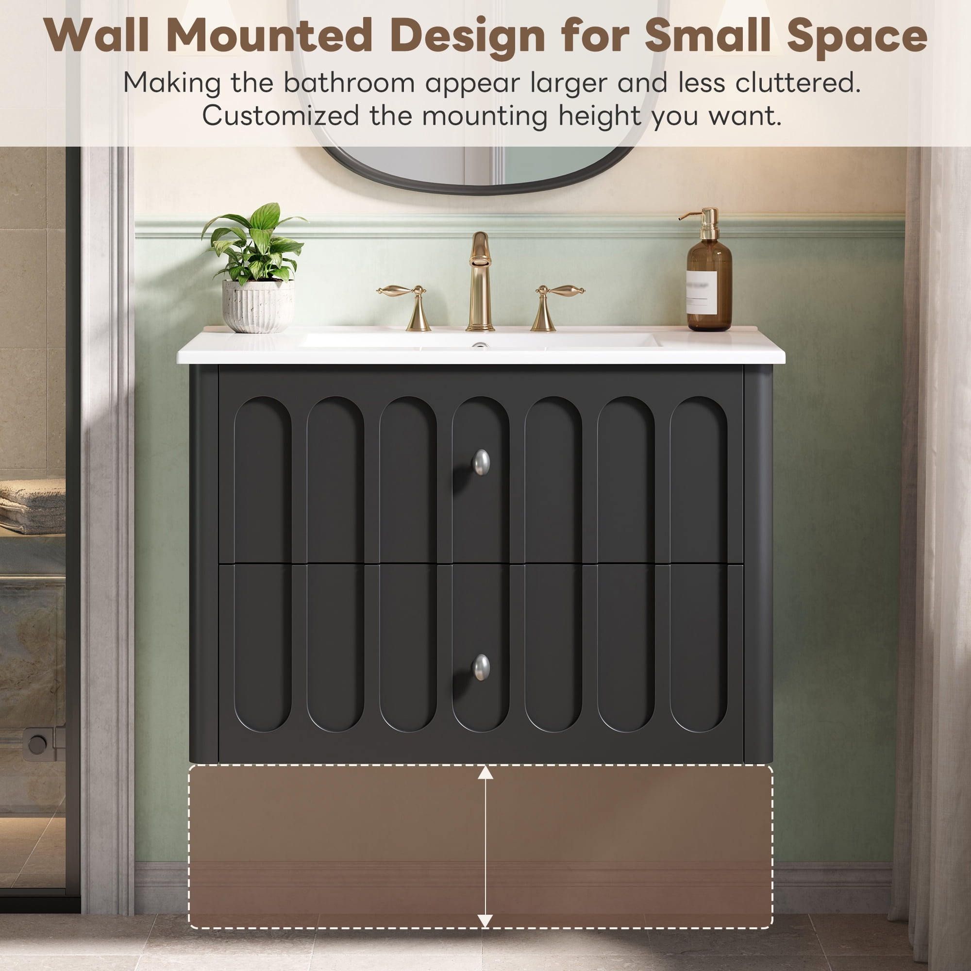 30" Modern Floating Bathroom Vanity with Oval Knobs & Round Edge, Soft-Close Drawer Slides, Bathroom Cabinet with Ceramic Sink