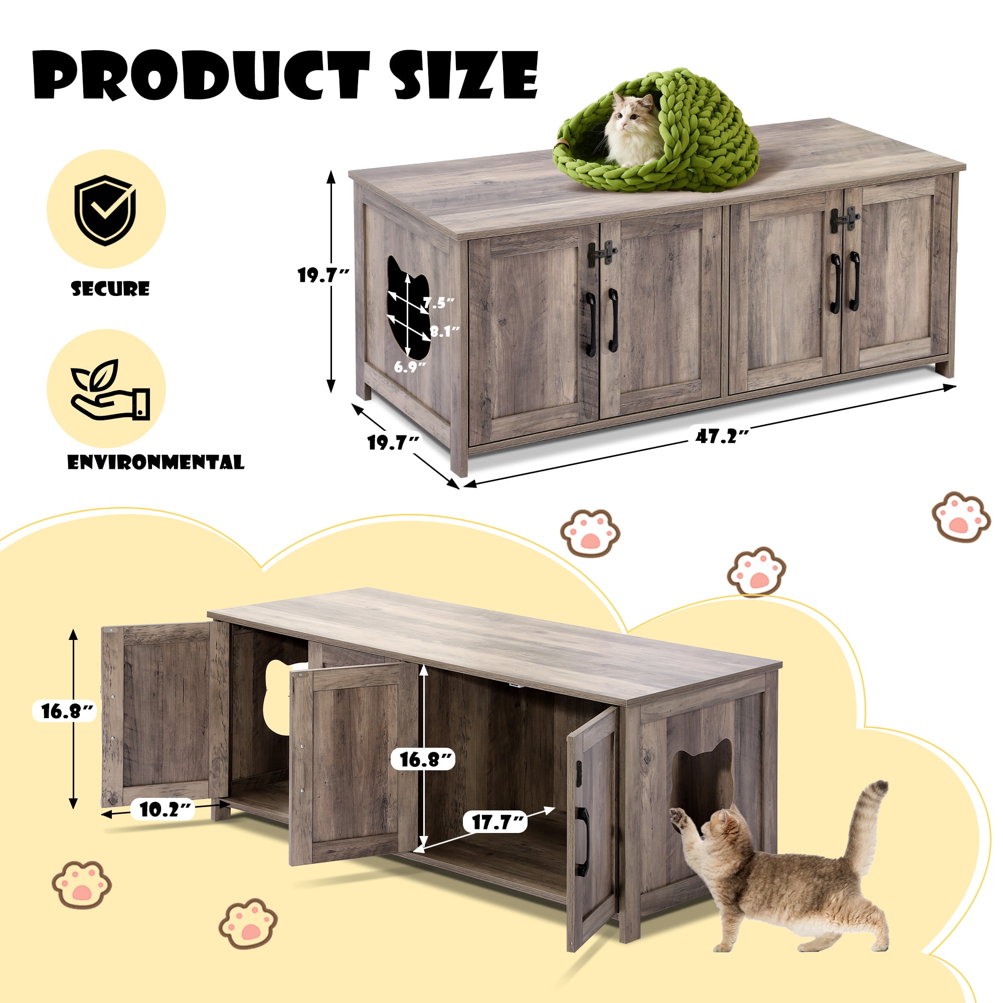Haverchair Cat Litter Box Enclosure for 2 Cats - Litter Box Furniture Hidden with Lockable Door,Wooden Cat Washroom Furniture with Double Room,Cat House,Hideaway Litter Box,Greige