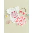 thumbnail image 3 of Suealasg Baby Girl Clothes 3Pcs Newborn Summer Outfits Short Sleeve Letters Print Romper with Flower Print Shorts and Hairband, 3 of 9